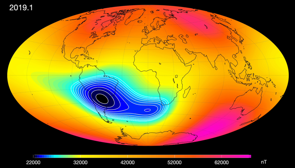 Carte scientifique (ESA/Swarm) montrant l'Anomalie de l'Atlantique Sud (SAA)